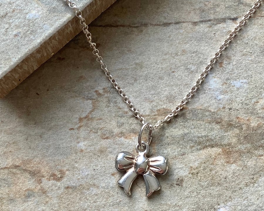 Sterling Silver Ribbon Bow Pendant Necklace