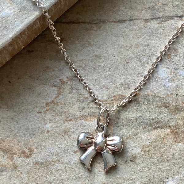 Sterling Silver Ribbon Bow Pendant Necklace