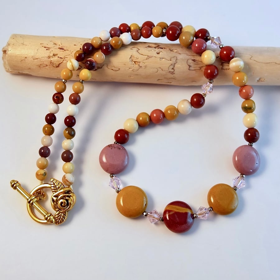 Mookaite Necklace With Pink Swarovski Crystals - Handmade In Devon - Free UK P&P