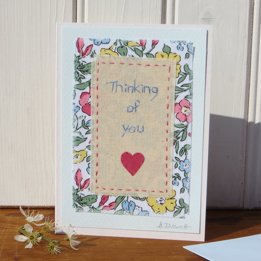 Thinking of You pretty hand-stitched card with Liberty fabric and applique heart