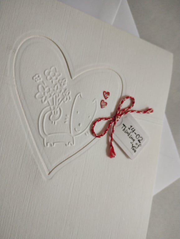  Valentine Card - 14.02 Thinking of You Embossed Heart & Cat with flowers 