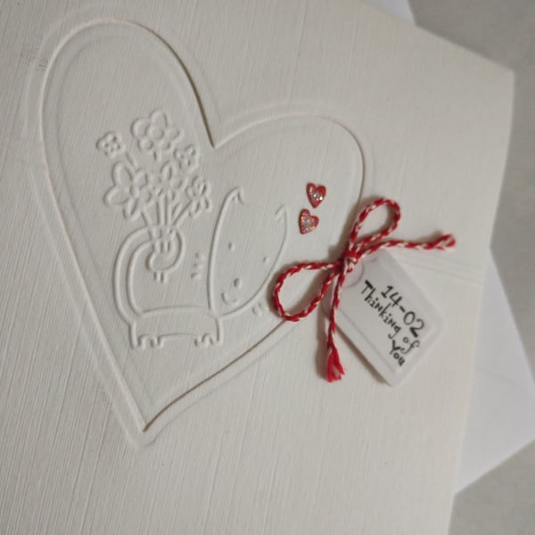  Valentine Card - 14.02 Thinking of You Embossed Heart & Cat with flowers 