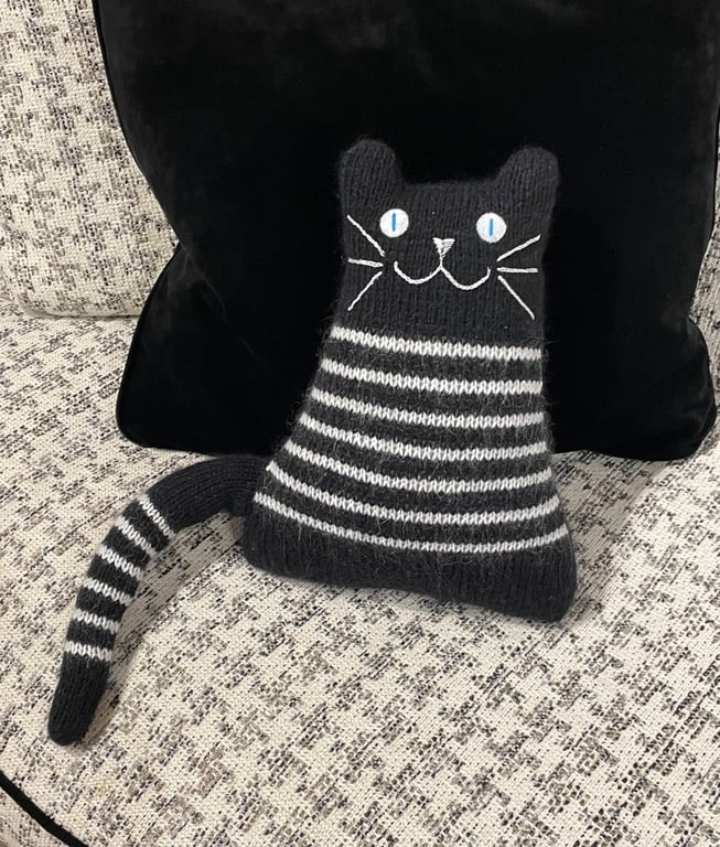 Black and White mohair knitted cat ornament Cat decorative cushion Gift for him