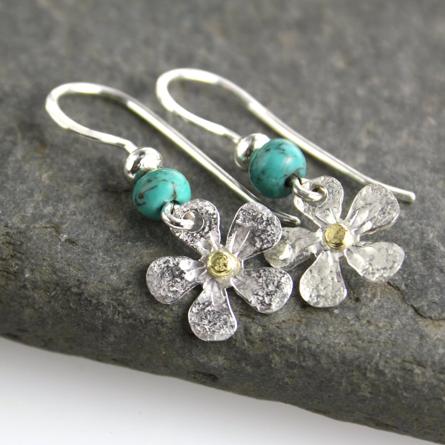 Sterling silver, gold and turquoise flower earrings 
