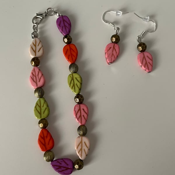 Multicoloured Leaf Bracelet and Earring set