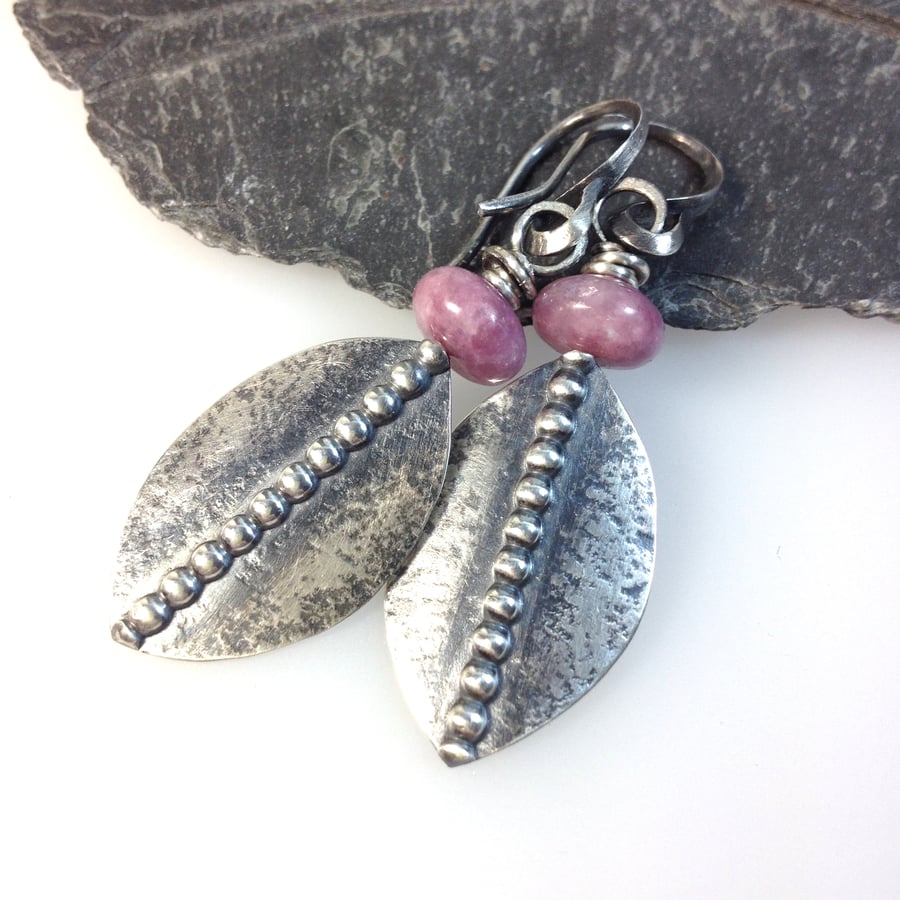 Silver and purple lepidolite shield earrings