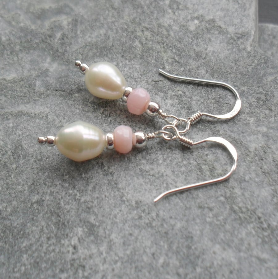 Freshwater Pearl Pink Opal Sterling Silver Drop Earrings