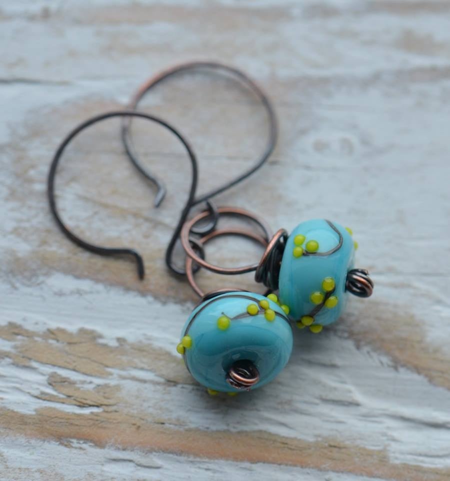 Handmade Copper and Turquoise Lampwork Glass Bead Earrings