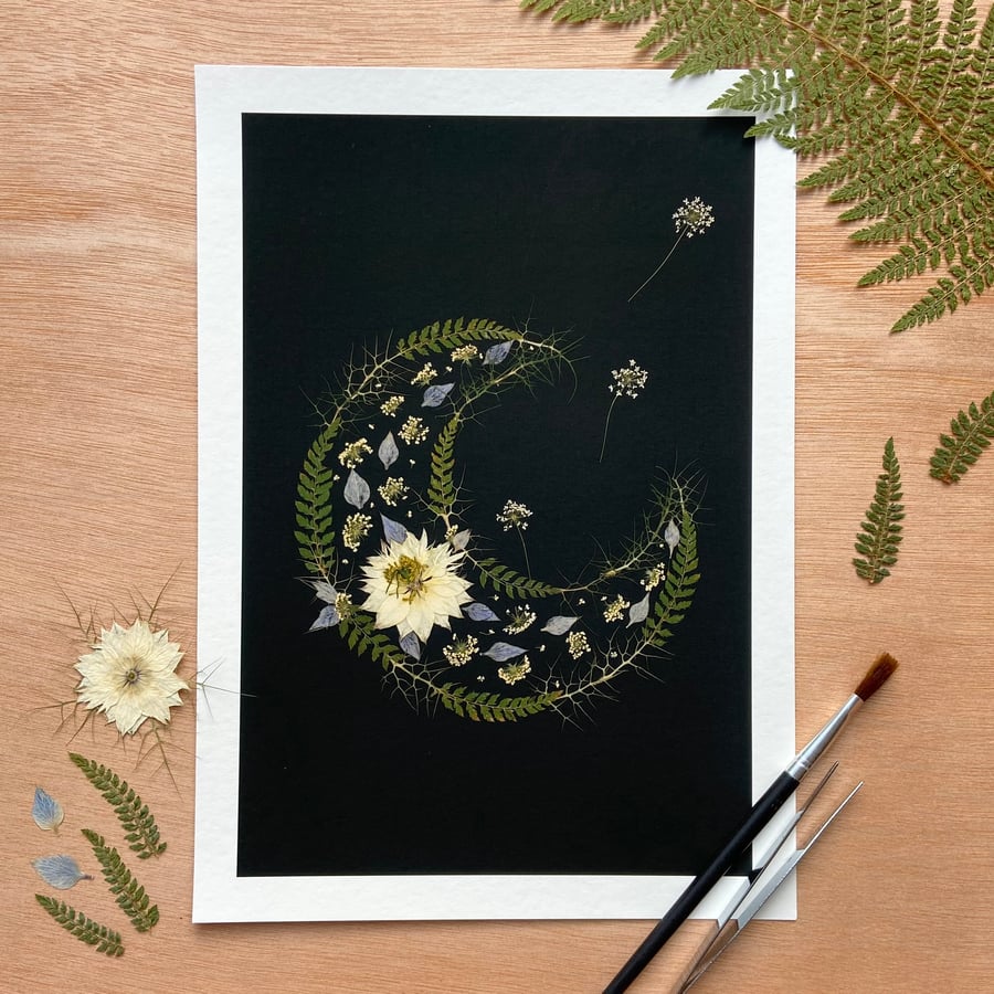 To the Moon and back - A4 Pressed Flower Moon Artwork - Giclee Floral Art print