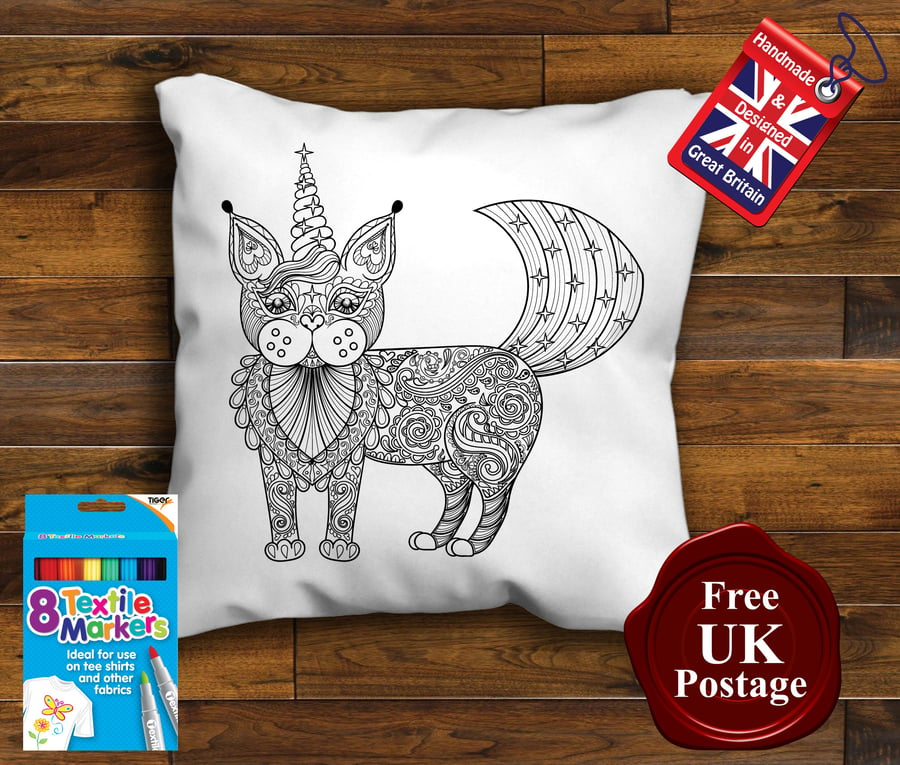 Unicorn Cat Colouring Cushion Cover With or Without Fabric Pens Choose Your Size