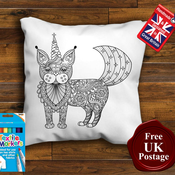Unicorn Cat Colouring Cushion Cover With or Without Fabric Pens Choose Your Size