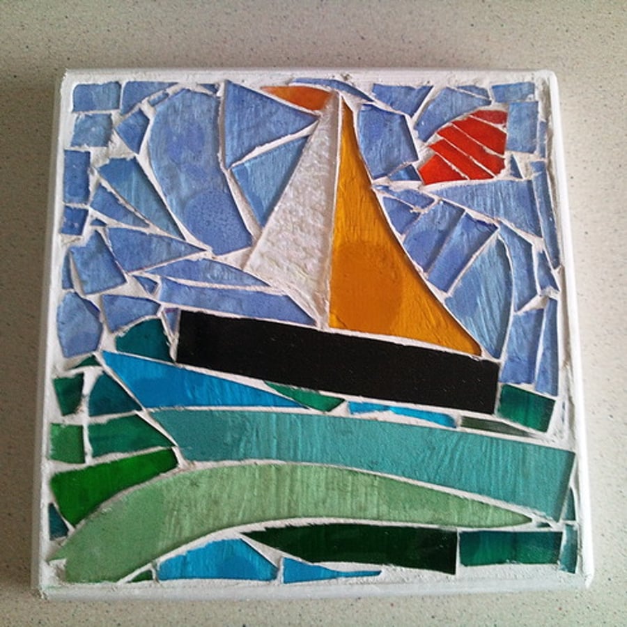 Sailing on a Stained Glass Sea Mosaic Trivet