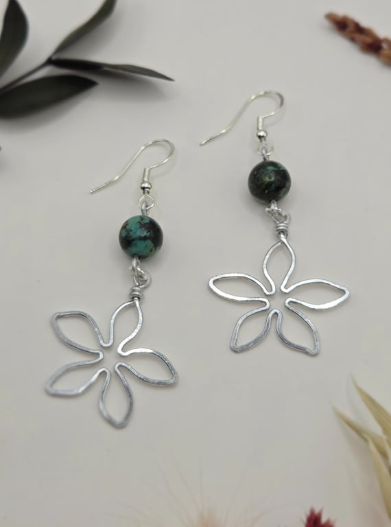 Wire wrapped silver flower dangle earrings with African Turquoise beads