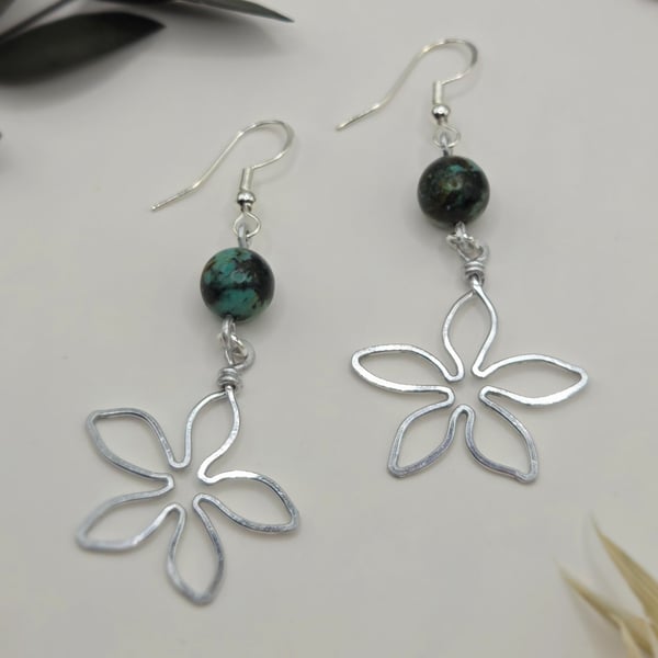 Wire wrapped silver flower dangle earrings with African Turquoise beads