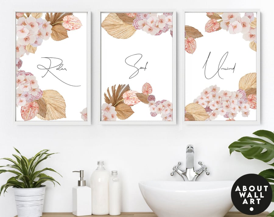 Women Bathroom Art Prints, Plant Prints, Relax Sign Bathroom, Spa Bathroom Decor