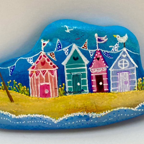 Hand Painted Beach Huts On Large Natural Rock 