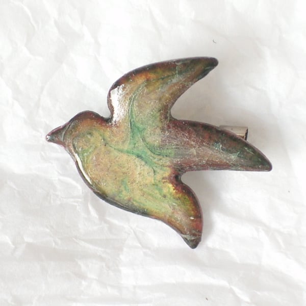 bird brooch - scrolled green on brown and clear enamel