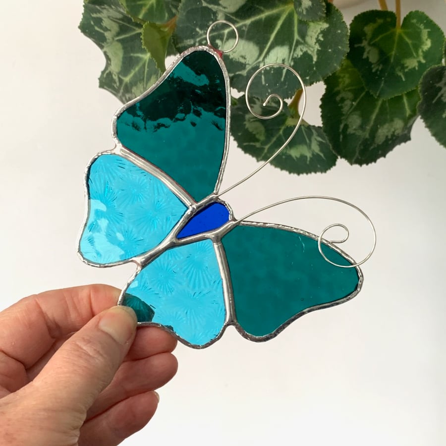 Stained Glass Butterfly Suncatcher - Handmade Decoration - Teal and Sky Blue