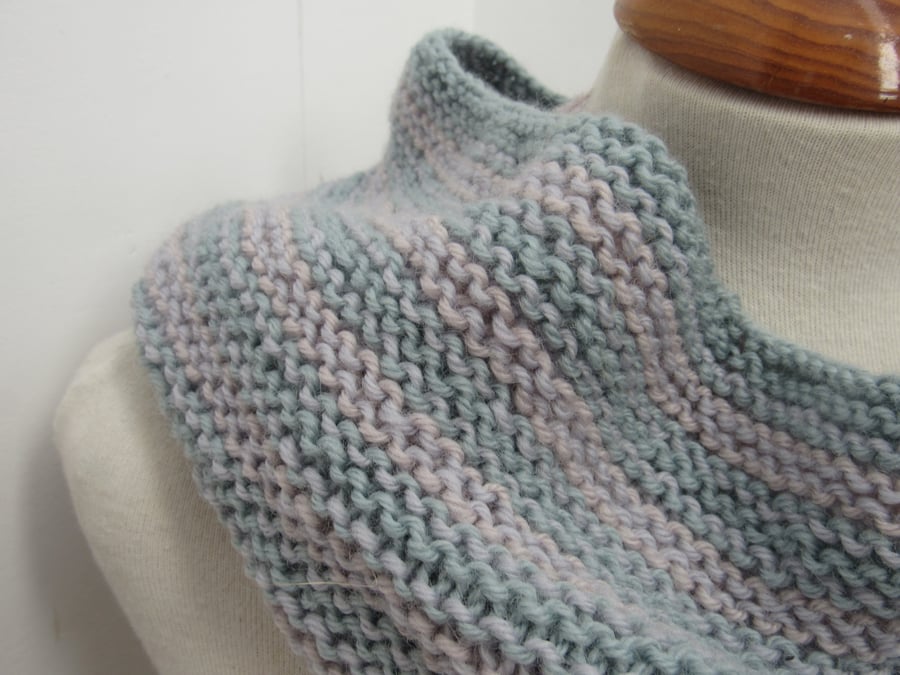 Pale Grey Pink Striped Knit Pure Wool Cowl Scarf