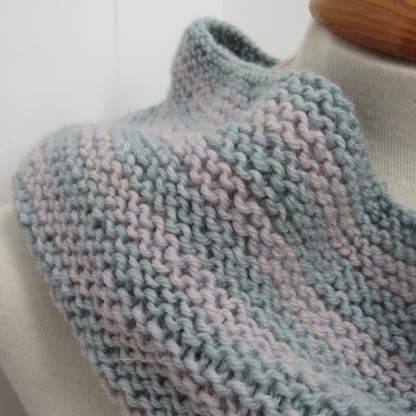 Pale Grey Pink Striped Knit Pure Wool Cowl Scarf