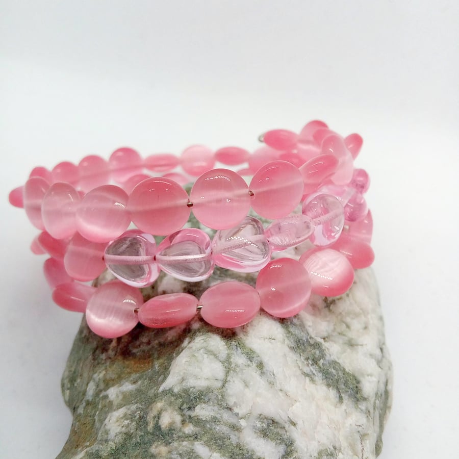 SALE - 3 Strand Pink Heart and Cats Eye Bead Disc Memory Wire Cuff Bracelet