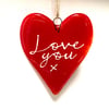 Fused Glass Love You bright red hanging heart