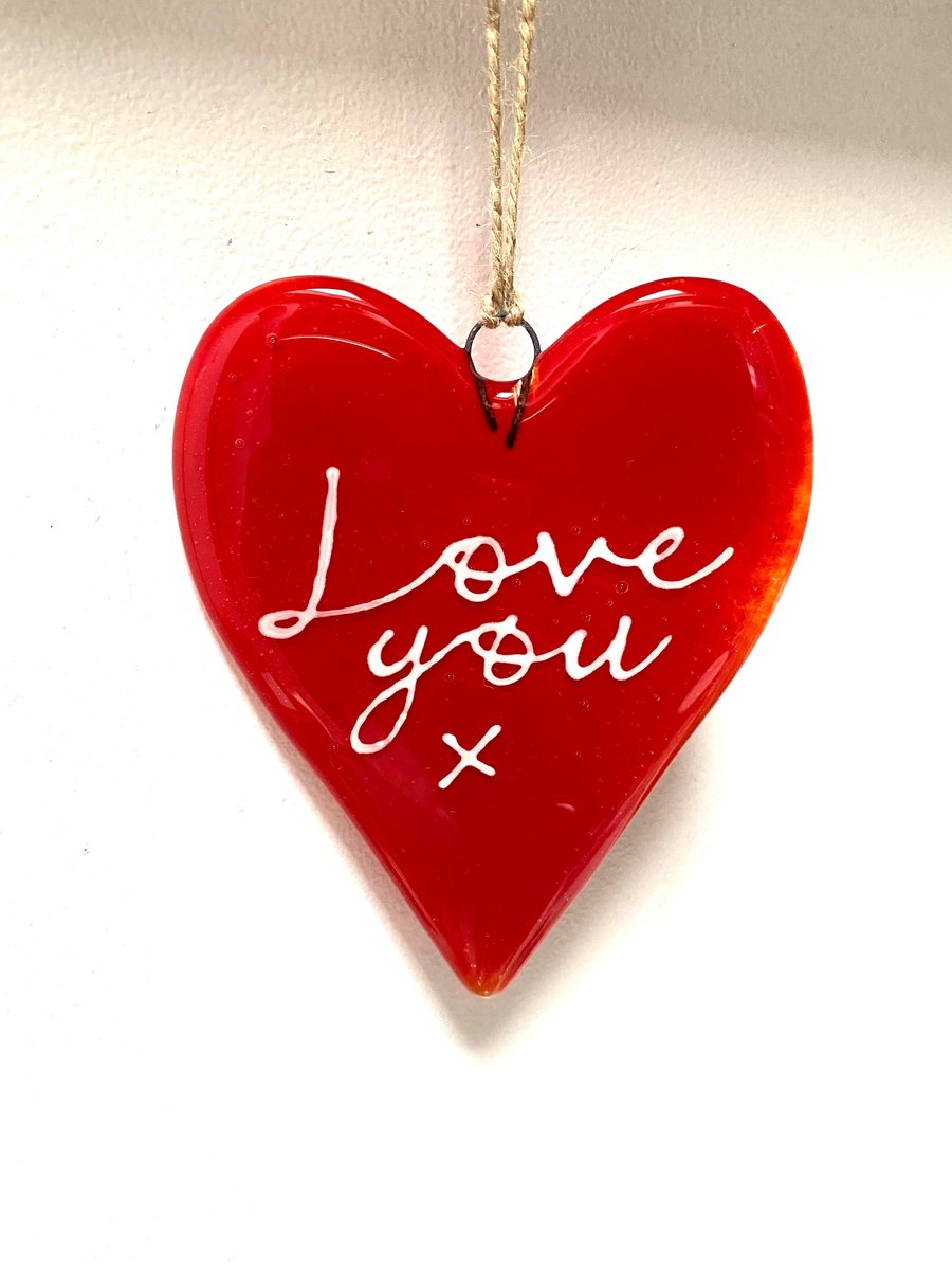 Fused Glass Love You bright red hanging heart