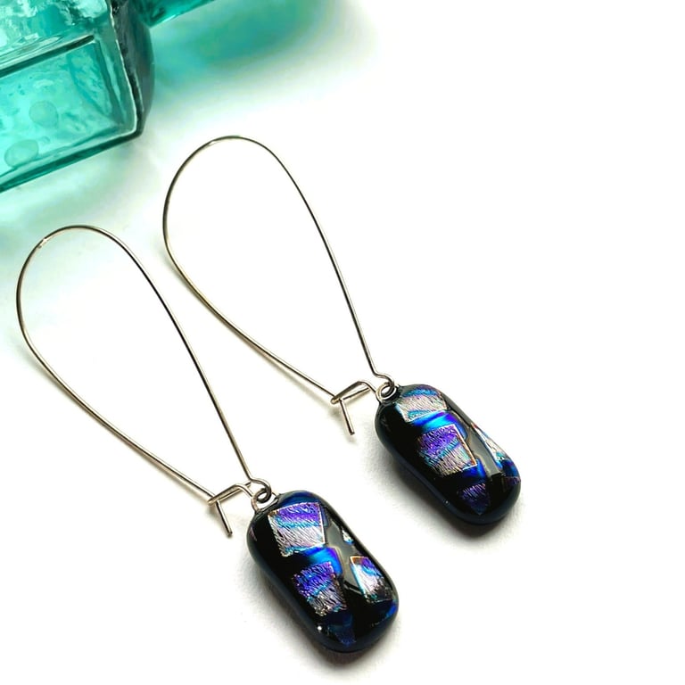 blue and black fused glass earrings