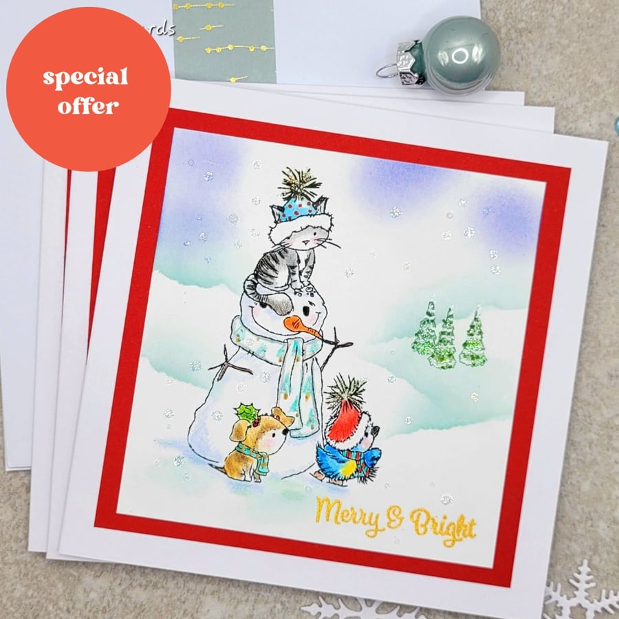 Christmas Cards - Set of 3 -  card handmade snowman bird cat puppy