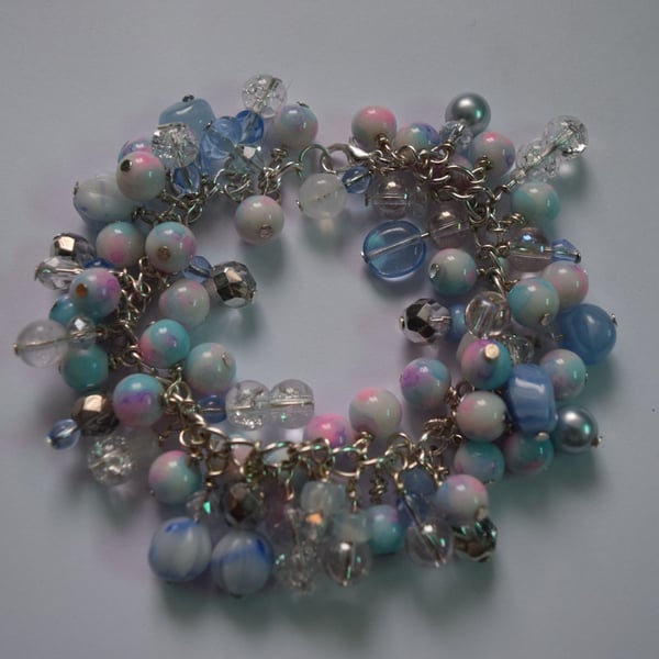 Handmade Blue and Pink Cluster Charm Bracelet. Free Shipping.