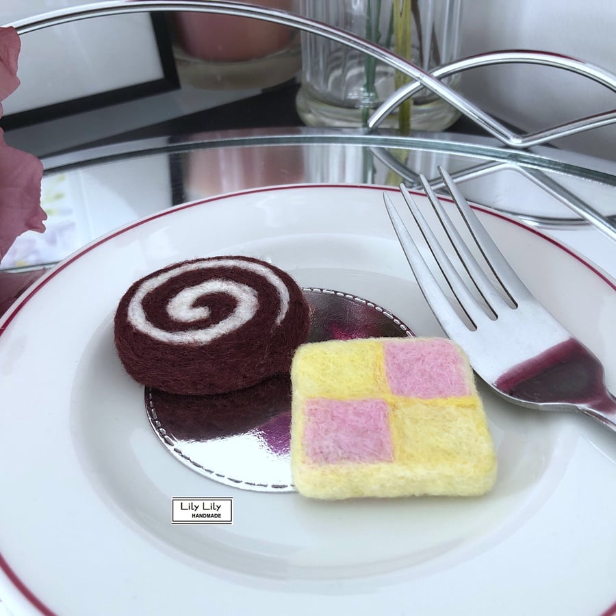 Battenburg & Swiss roll cakes needle felted by Lily Lily Handmade (no p&p)