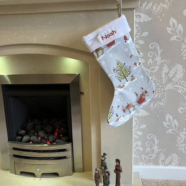 Woodland Christmas Stocking, Personalised Christmas Stocking, Handmade in the UK
