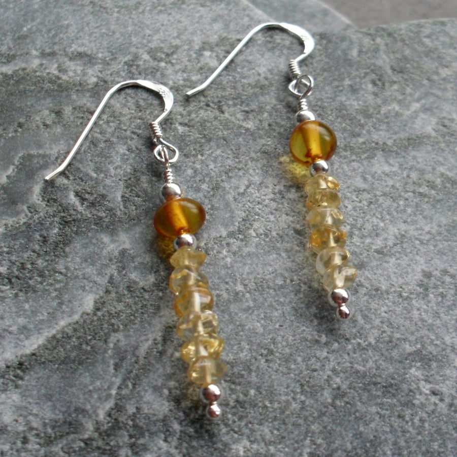 Citrine and Baltic Amber Sterling Silver Earrings November Birthstone