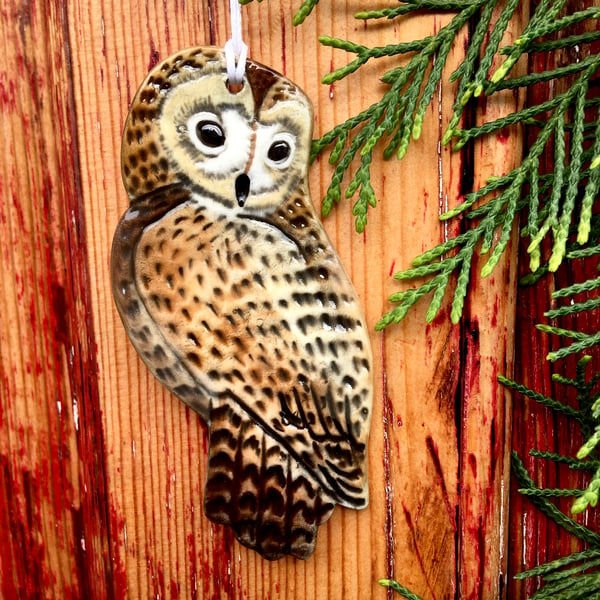 Ceramic Owl ornament,hand made pottery gift,porcelain wall decoration,enchanted 