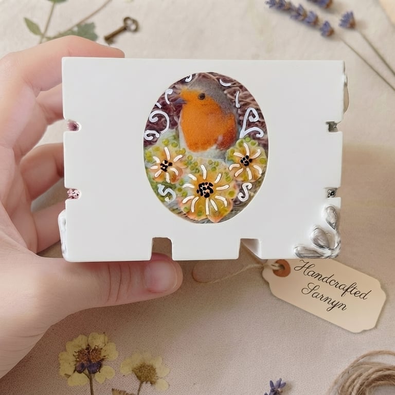 Handcrafted Wooden Robin Keepsake Crate Box - Vintage Floral Decoupage Gift
