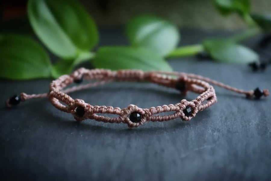 Macrame bracelet in dust pink with black Tourmaline 