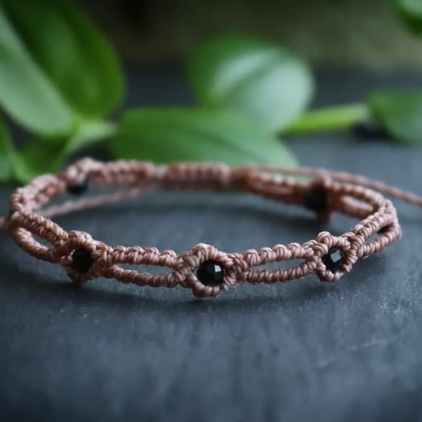 Macrame bracelet in dust pink with black Tourmaline 