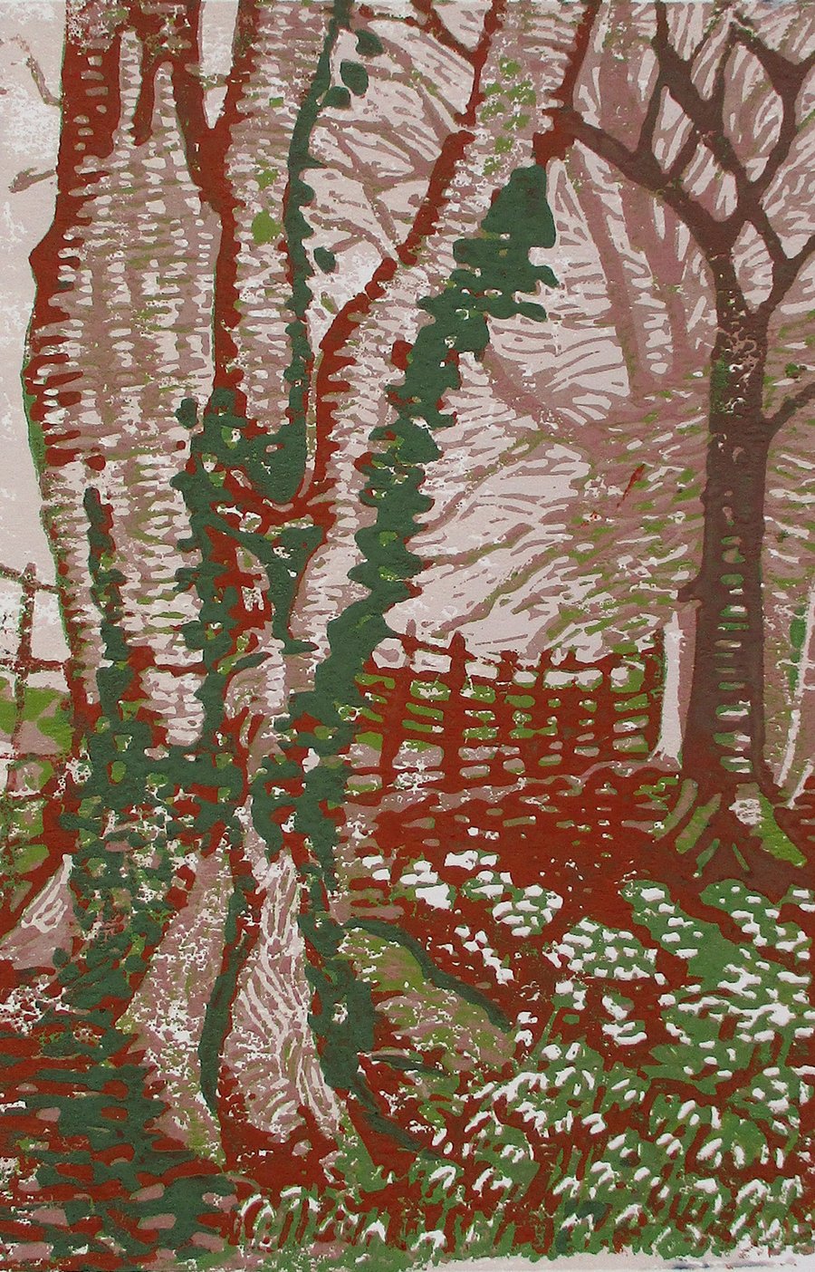 Snowdrop Corner Winter Landscape - Original Hand Pressed Linocut Print Ltd Edit