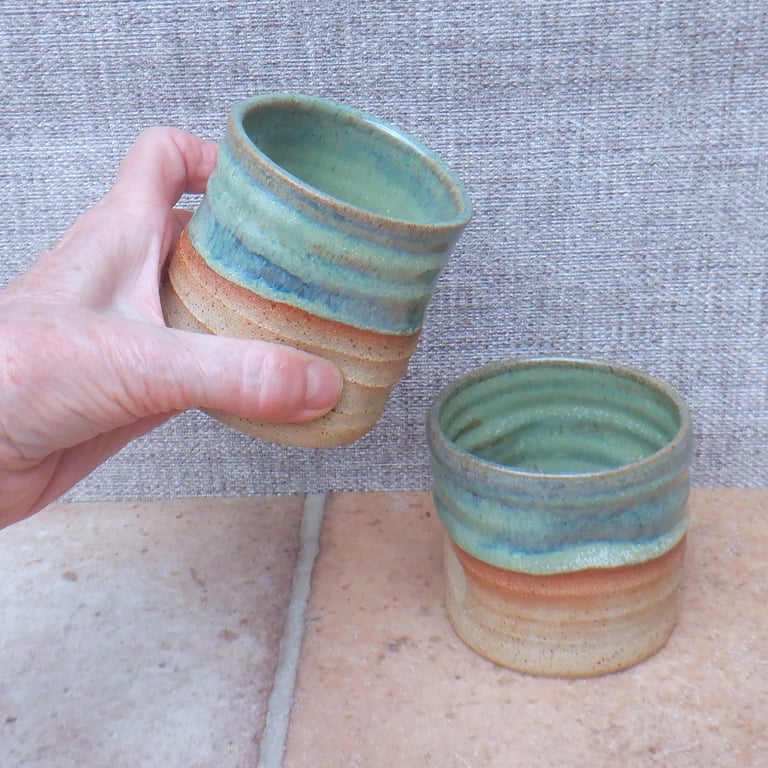 Pair of whisky tumbler or espresso coffee cup in stoneware hand thrown pottery