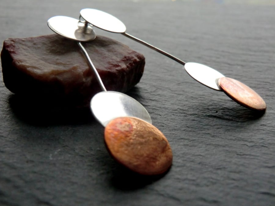 Pendulum Drop Earrings, Long, copper, silver, handmade