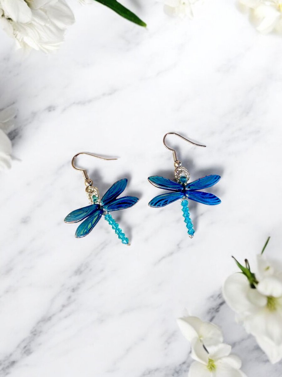 Dragonfly Necklace and Earring Set - Turquoise Jet Laser