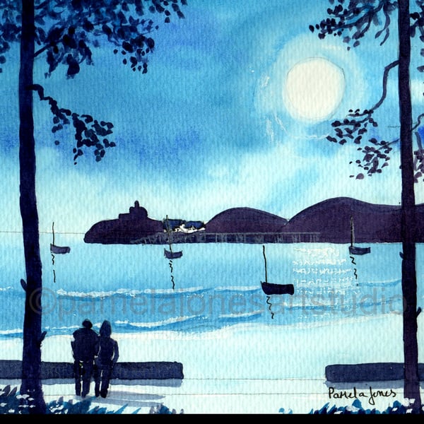 Stroll in The Moonlight To Mumbles, Watercolour Print, in 10 x 8 '' mount