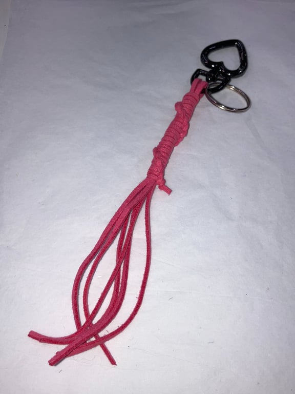 Pink Suede Keyring Bag Charm w Gunmetal coloured Heart-shaped Carabiner clasp