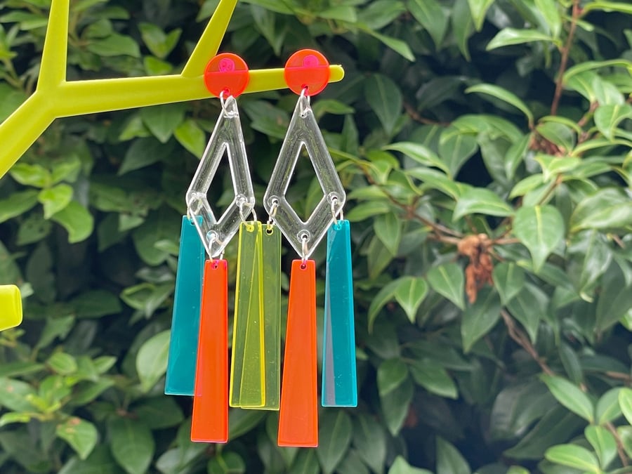 NEON STATEMENT EARRINGS fringe chandelier pink blue yellow clear acrylic resin 