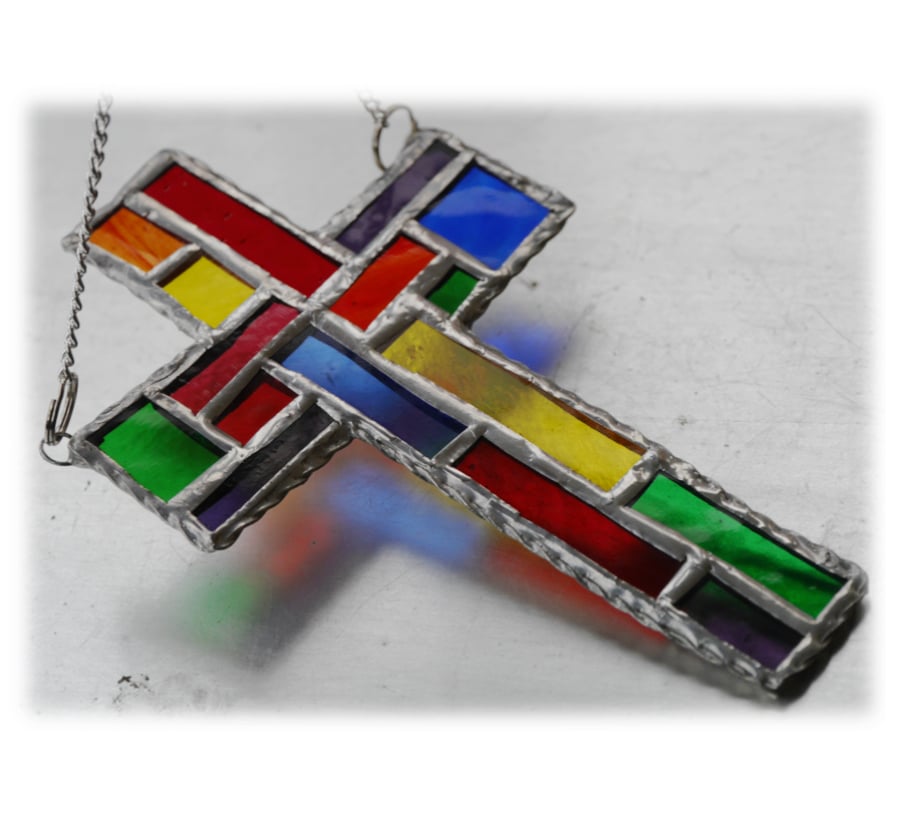 Cross Suncatcher Stained Glass Handmade Patchwork Rainbow 018