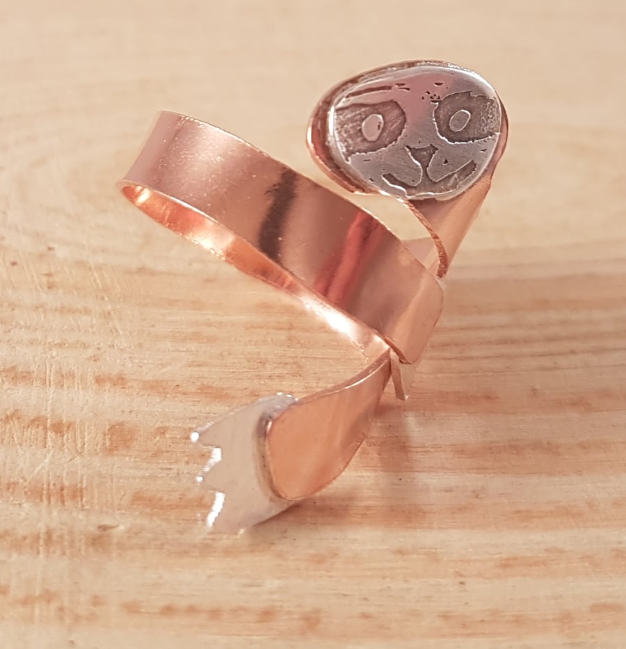 Sterling Silver and Copper Etched Sloth Cross Over Adjustable Ring