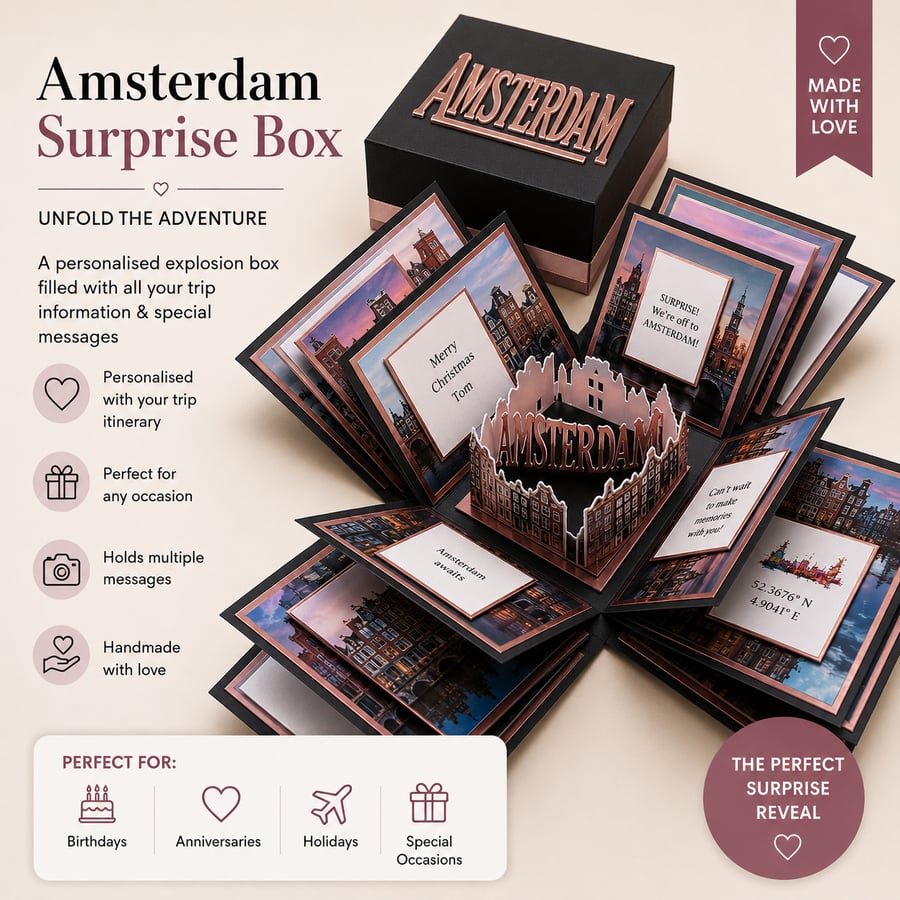 Personalised Travel Trip Reveal Box – Handmade Gift - AMSTERDAM