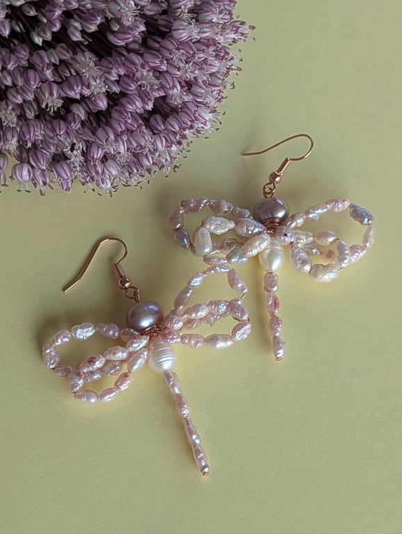 Handcrafed Wire-Wrapped Pearl Dragonfly Earrings Romantic Cottagecore Jewelry