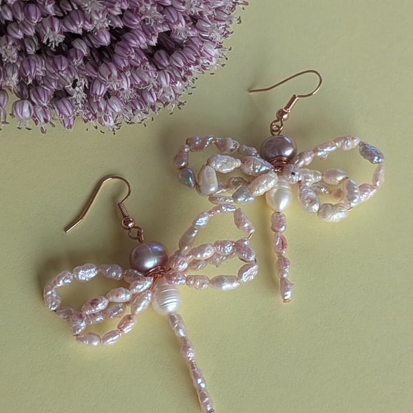 Handcrafed Wire-Wrapped Pearl Dragonfly Earrings Romantic Cottagecore Jewelry