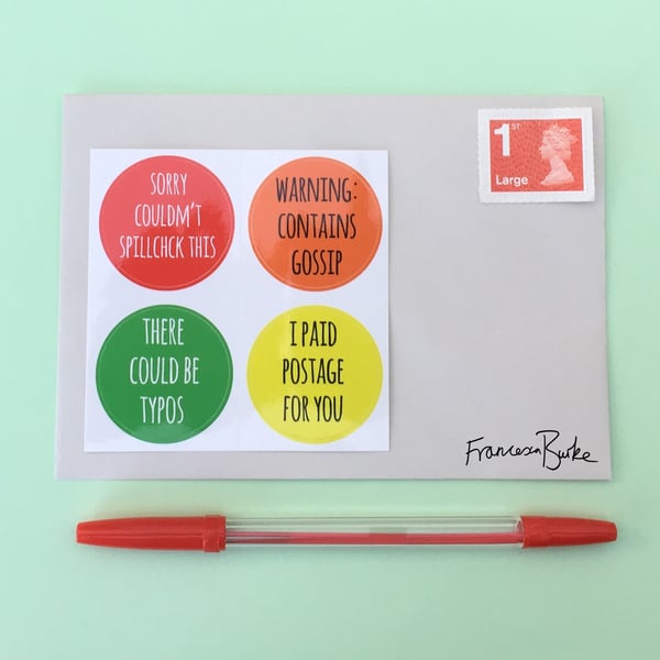 12 Orange, Yellow, Red, Green Funny Stickers, Snail Mail Envelope Seals